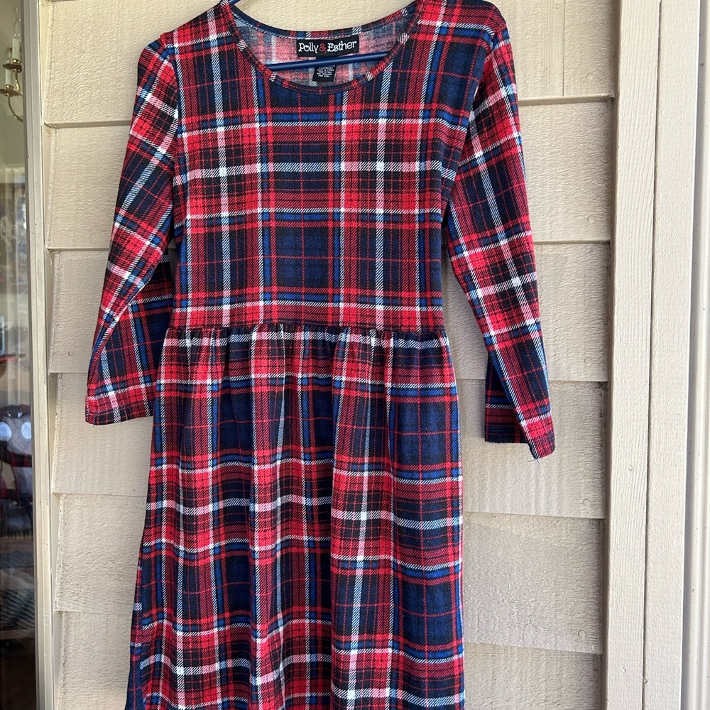 Polly & Esther Red and Blue Plaid Dress tie back waist
